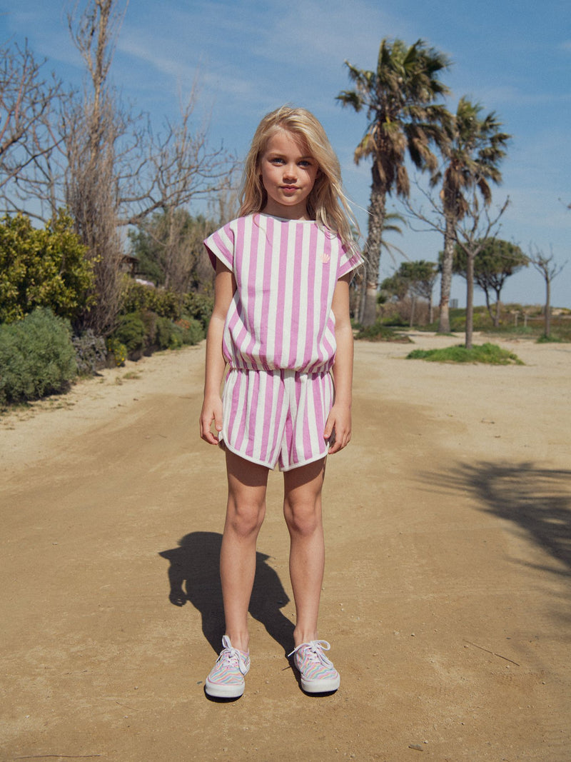 T-shirt às Riscas Rosa e Ecru para Menina