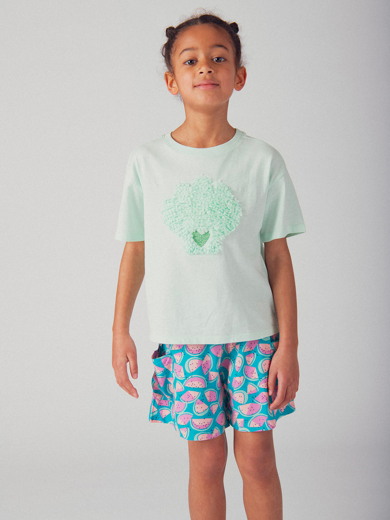T-shirt turquesa com animação de concha 3D para meninas