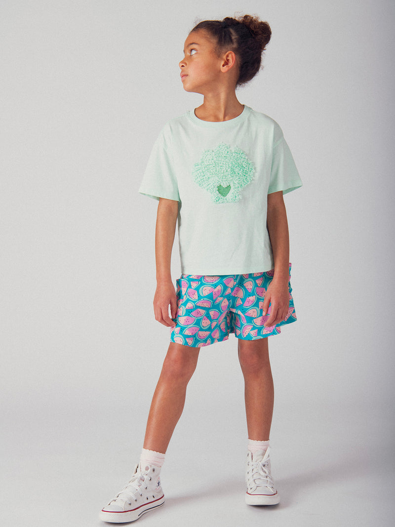 T-shirt turquesa com animação de concha 3D para meninas