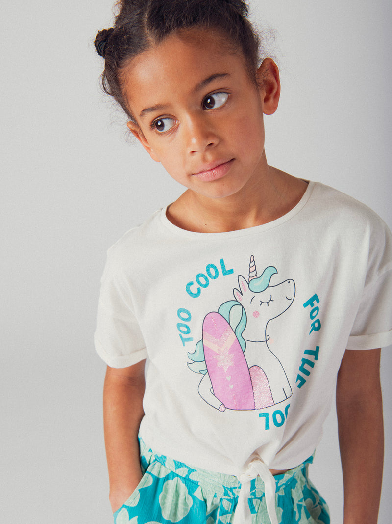 T-shirt ecru com animação de unicórnio e surf para meninas