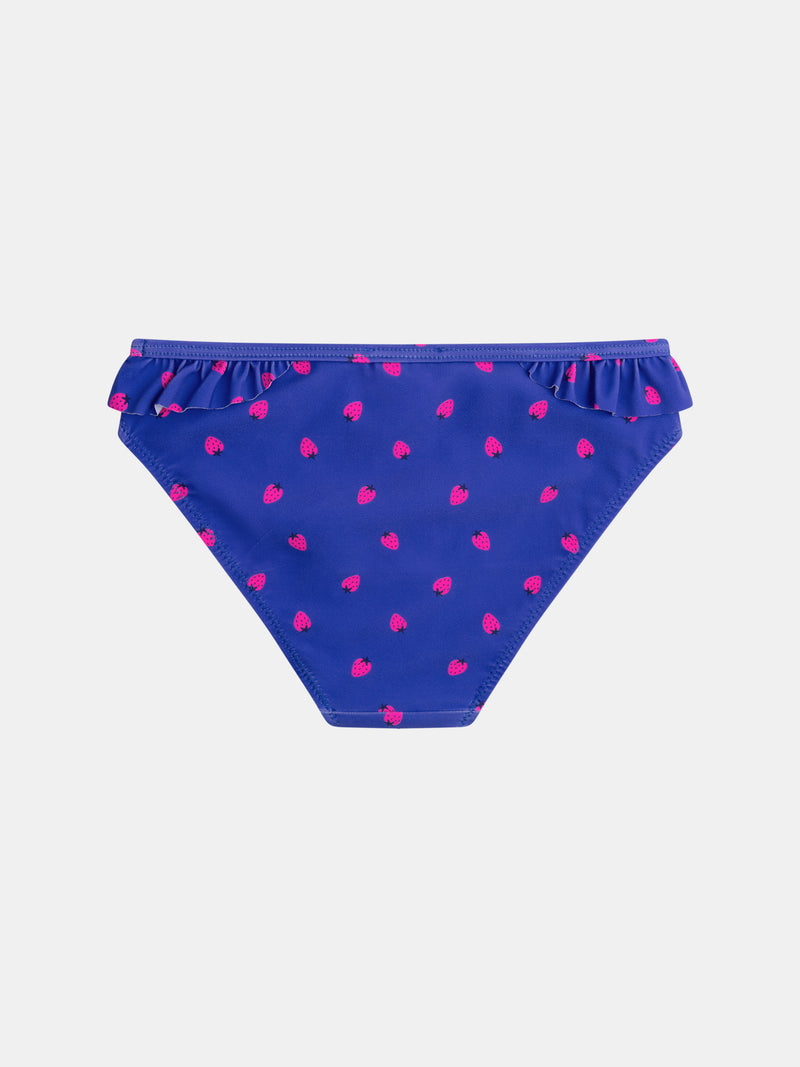 Fato de banho azul de 2 peças com estampado de morangos para meninas.PRODUCT