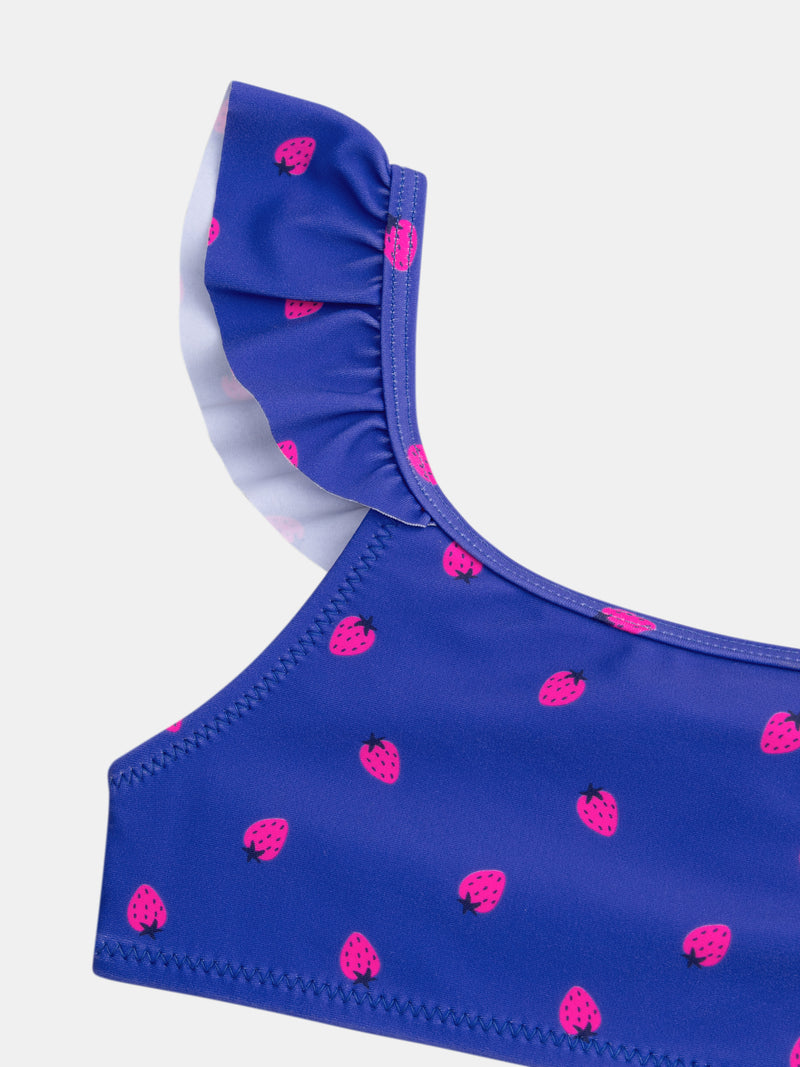 Fato de banho azul de 2 peças com estampado de morangos para meninas.PRODUCT