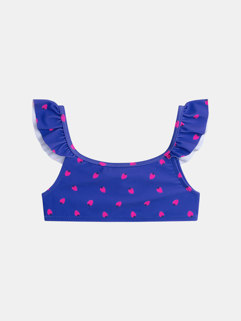 Fato de banho azul de 2 peças com estampado de morangos para meninas.PRODUCT