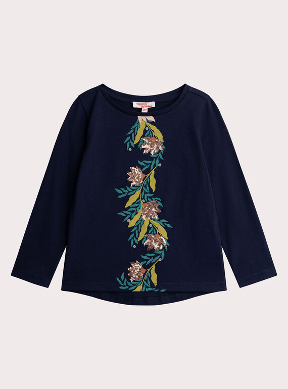 T-shirt de flores da marinha em lantejoulas cor-de-rosa para menina  VAKLITEE1 / 24W90141TML070