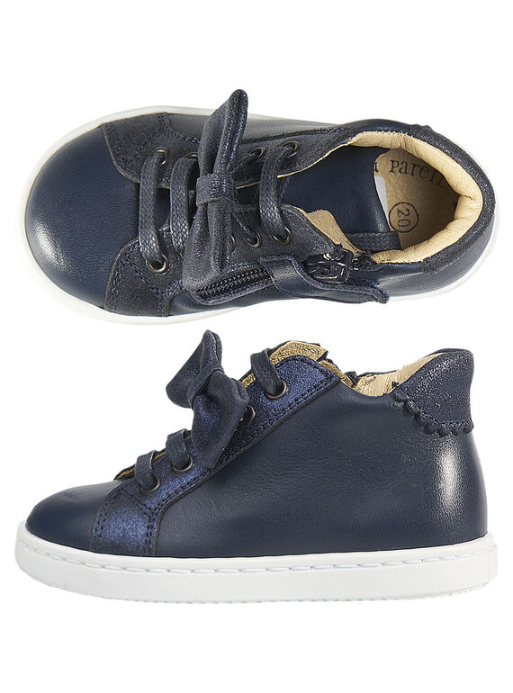 Sapatilhas couro azul-marinho laço amovível bebé menina GBFBASBOW / 19WK37I2D3F070