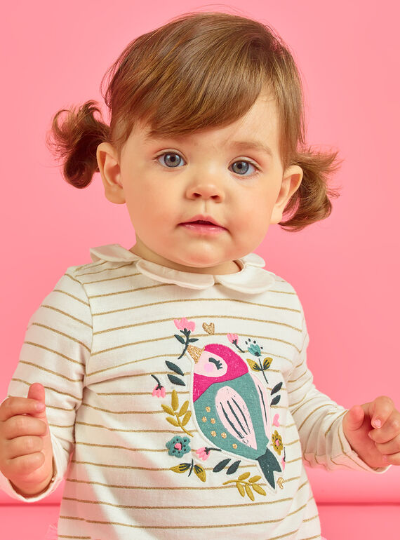 T-shirt às riscas com padrão pássaro e flores bebé menina MIKABRA / 21WG09I1BRA001