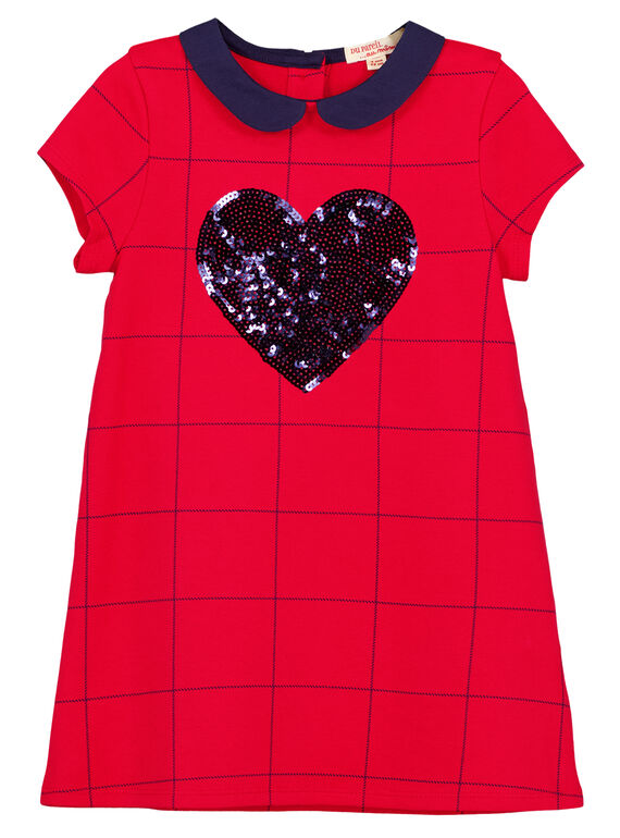 Vestido de mangas curtas aos quadrados com gola peter pan e um coração de sequins brilhantes bordados. GAJOROB5 / 19W90144D2F050