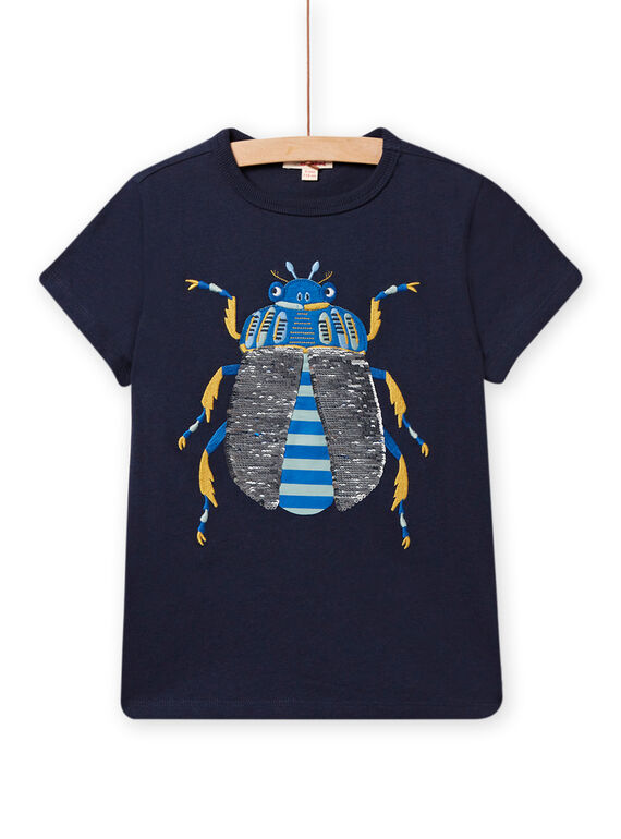 T-shirt azul-noite com padrão escaravelho em lantejoulas reversíveis menino NOSANTI5 / 22S902S3TMC705