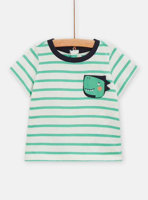 T-shirt cru e verde às riscas com animação de dinossauro para bebé menino TUJOTI3 / 24SG10D3TMC003