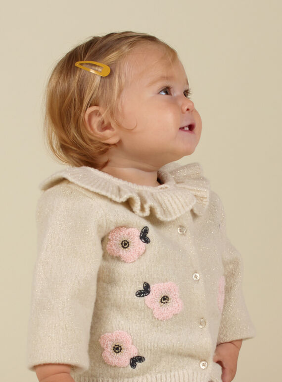 Casaco de malha cru com folhos e flores bebé menina MIHICAR1 / 21WG09U1CAR003