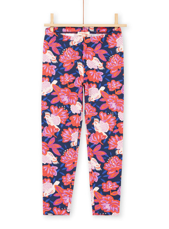 Leggings azuis-marinho estampado pássaros e flores coloridas menina MYAPALEG / 21WI01H1CALC205