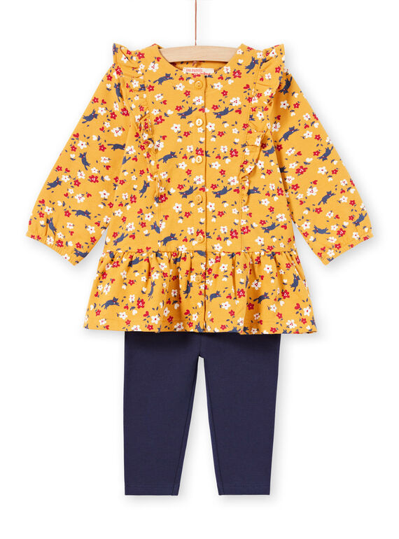 Vestido amarelo mostarda estampado florido e leggings azul-marinho bebé menina MIMIXENS / 21WG09J1ENSB106