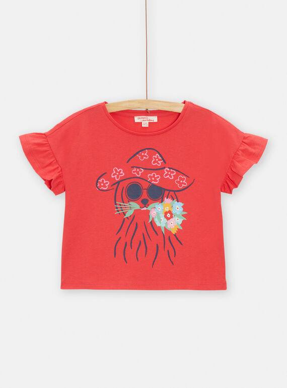 T-shirt vermelho com padrão de cão com flores menina TACLUTI4 / 24S901O1TMCF506
