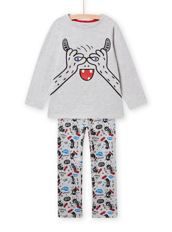 Conjunto pijama t-shirt e calças cinzento mesclado com padrão monstro com detalhes fosforescentes menino NEGOPYJMON / 22SH12G4PYJJ922