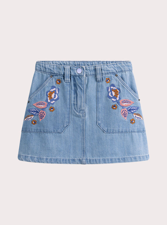 Saia de ganga azul com bordados florais para menina VADAJUP1 / 24W90121JUPP272