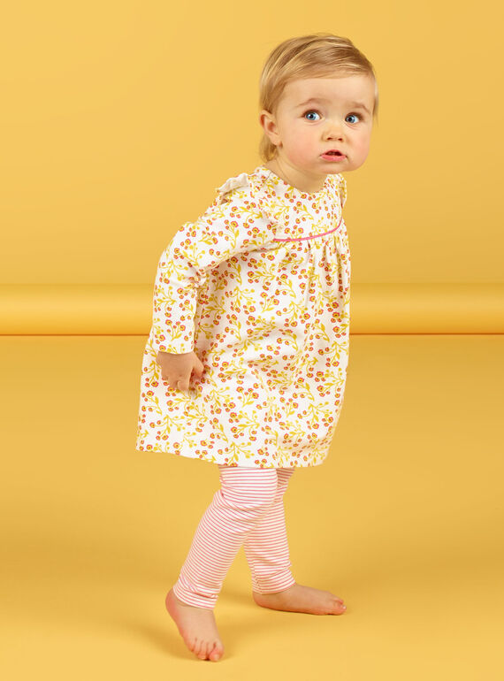 Conjunto vestido branco e amarelo com estampado florido e leggings brancas e vermelhas às riscas bebé menina LINAUENS1 / 21SG09L2ENS001