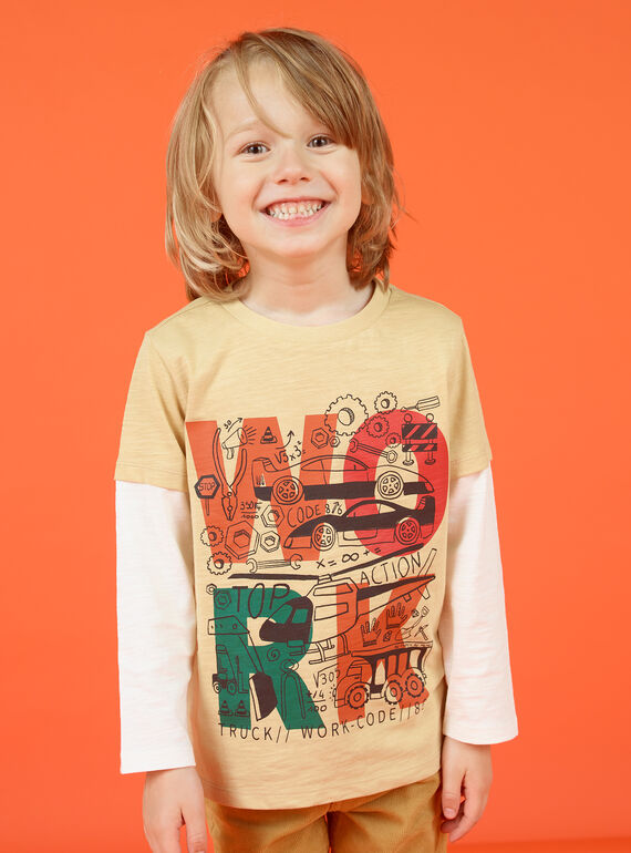 T-shirt mangas compridas bege e cru com padrões decorativos menino MOCOTEE1 / 21W902L1TMLA006