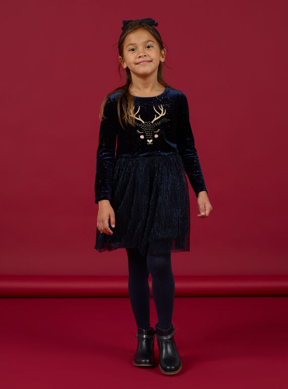 Vestido azul-marinho com padrão de cervo em veludo e tule menina MANOROB1 / 21W901Q1ROB070