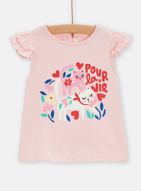 T-shirt rosa com estampado de gatos e flores bebé menina TICLUTI2 / 24SG09O1TMCD328