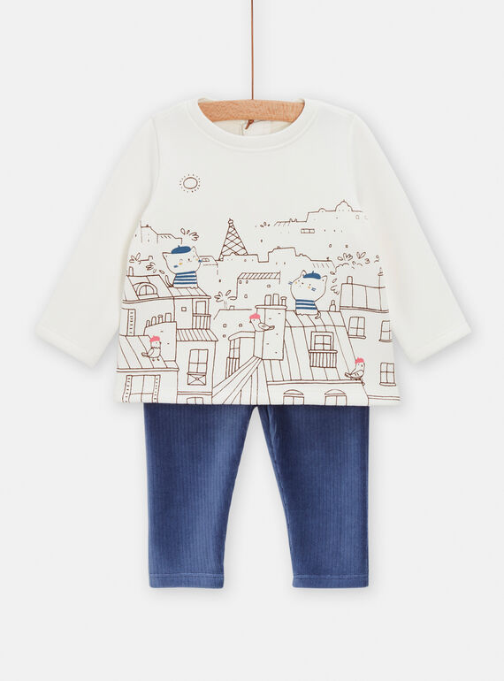 Pijama branco e azul com estampado de telhados parisienses menino TOU1ENS4 / 24SF04H1ENSA001