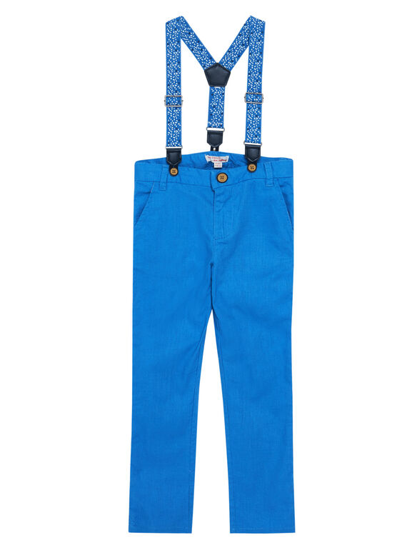 Calças menino azul em linho e algodão com alças estampadas JOSOPAN / 20S90281PAN201