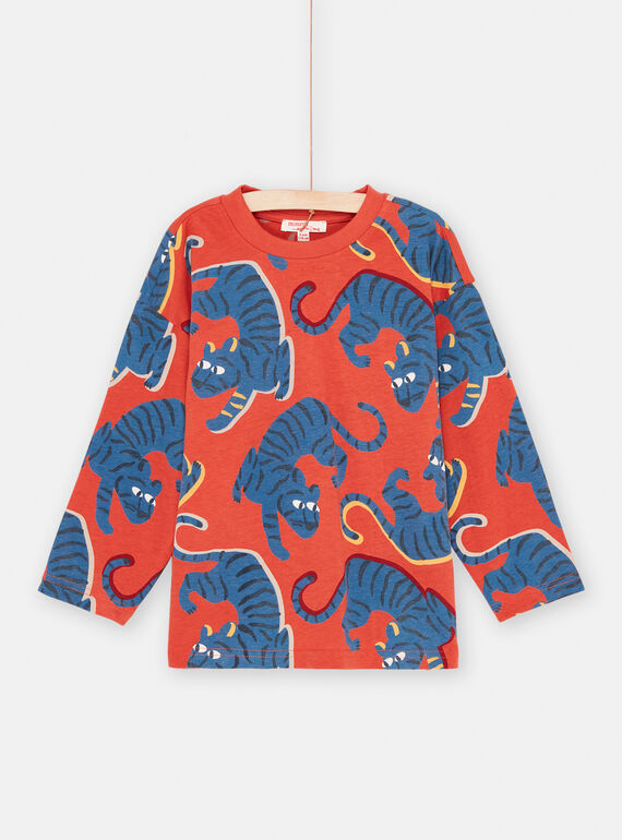 T-shirt vermelho-tijolo e azul com estampado de pantera menino SOFORTEE5 / 23W902K3TML506