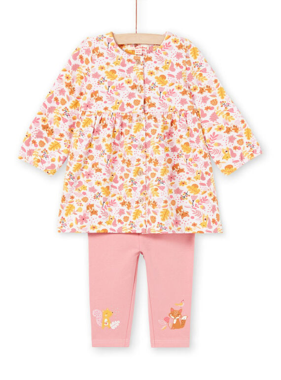 Vestido rosa e amarelo estampado florido e leggings rosa bebé menina MISAUENS / 21WG09P1ENS632