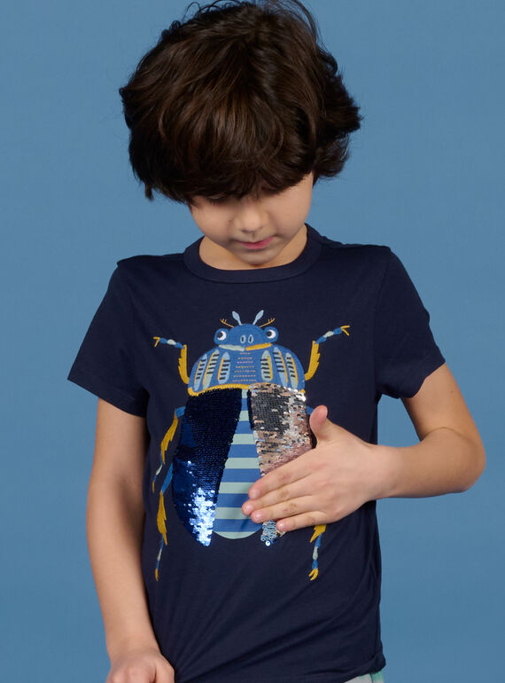 T-shirt azul-noite com padrão escaravelho em lantejoulas reversíveis menino NOSANTI5 / 22S902S3TMC705