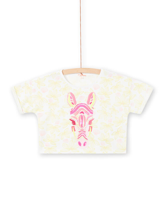 T-shirt branca mangas curtas estampado florido e cabeça de zebra bordada menina LABONTI3 / 21S901W2TMC000
