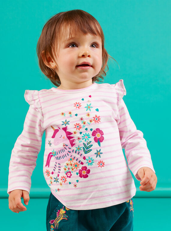 T-shirt mangas compridas lilás às riscas com padrão unicórnio bebé menina MITUTEE1 / 21WG09K1TMLH700