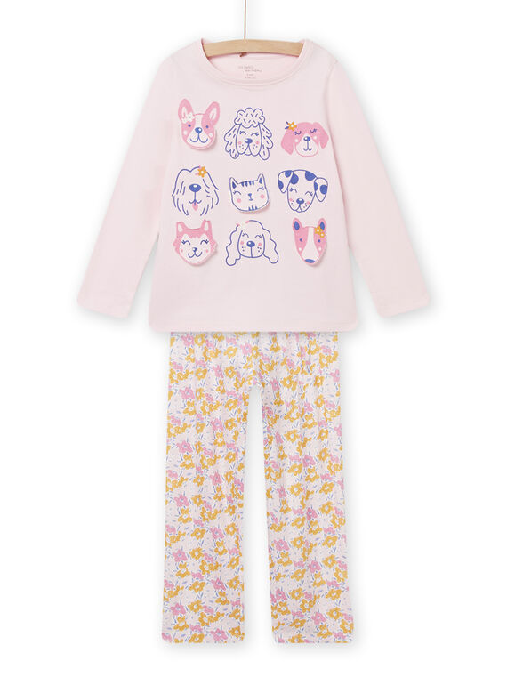 Conjunto pijama t-shirt e calças rosa com padrão de cães e estampado florido menina NEFAPYJDOG / 22SH11G3PYJD326