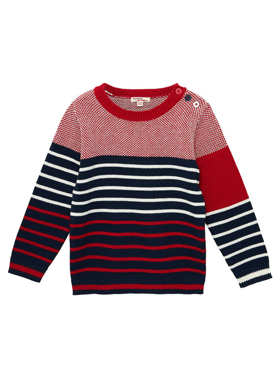 Camisola em algodão menino às riscas e jacquard azul-marinho e vermelho JOJOPUL3 / 20S90242D2EF505
