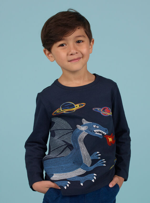 T-shirt azul-noite padrão dragão e espaço menino MOPLATEE3 / 21W902O4TML705