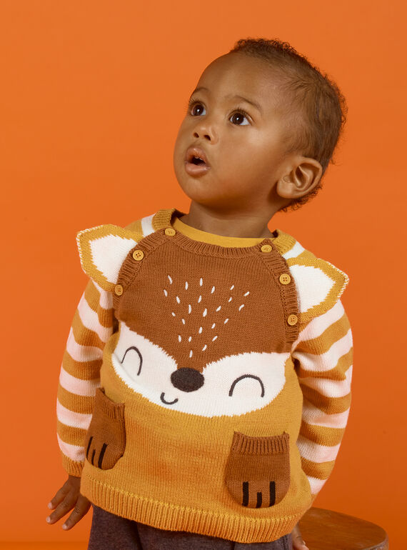 Camisola mostarda, castanho e cru com padrão raposa bebé menino MUSAUPUL / 21WG10P1PULB106