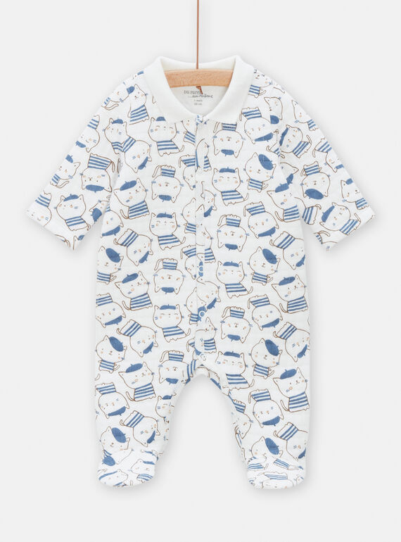 Babygro esbranquiçado e azul com estampado de gato para bebé menino TOU1GRE3 / 24SF04H4GREA001