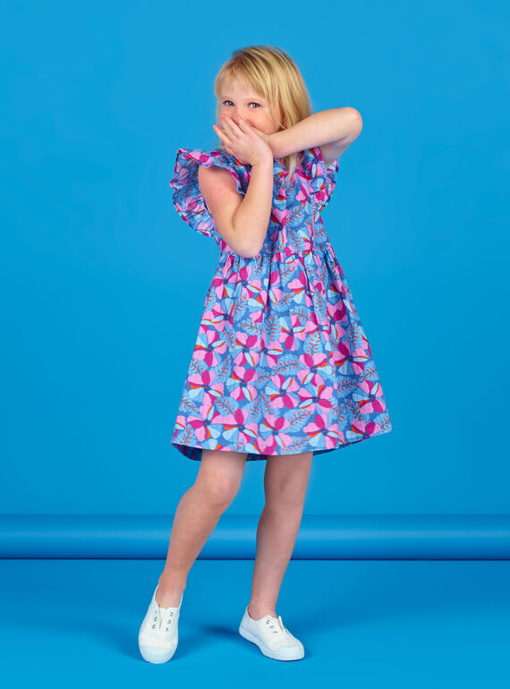 Vestido azul lavanda e rosa com estampado florido e riscas Lurex® em algodão LABLEROB2 / 21S901J1ROBC208