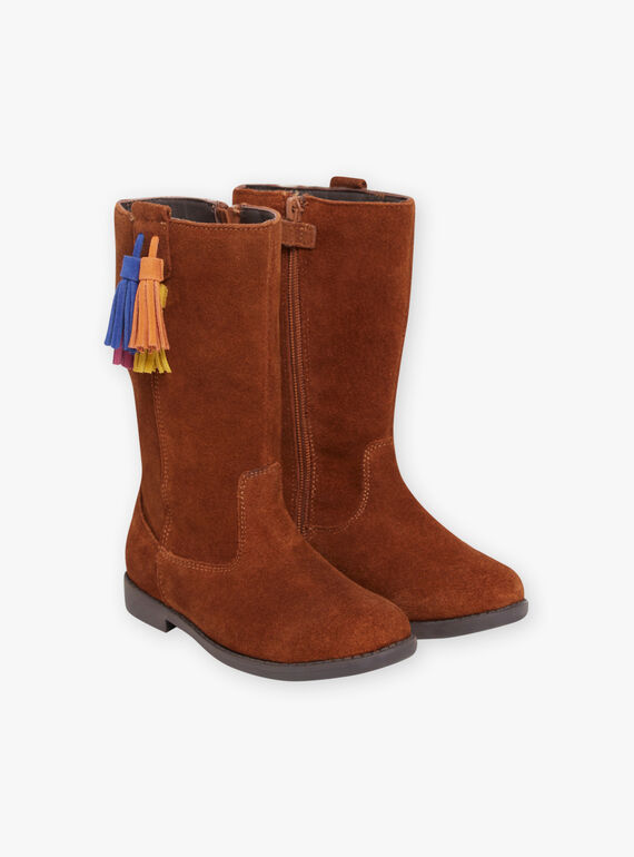 Botas subidas camel em couro e pompons menina MABOTTEMEL / 21XK3584D10804
