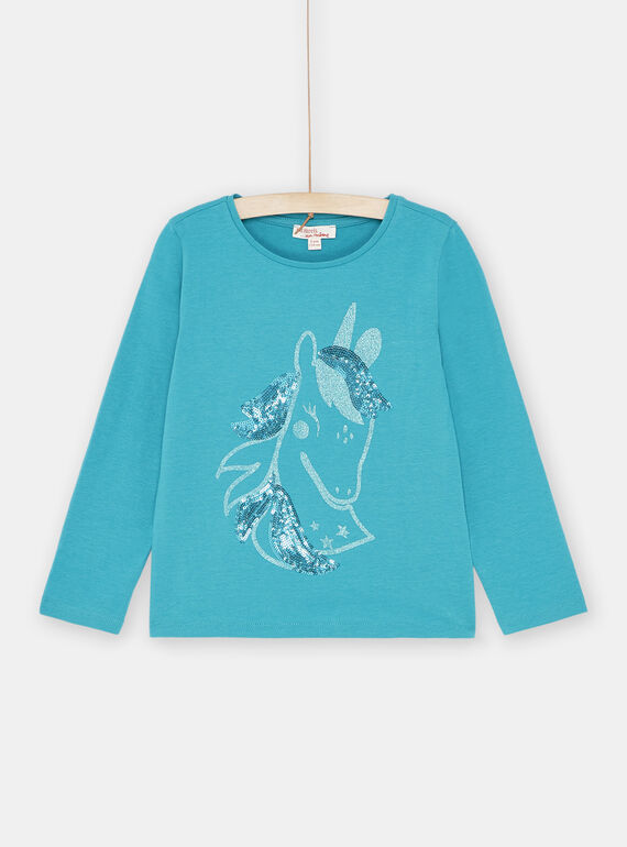 T-shirt em lantejoulas turquesa menina SAJOYTEE6 / 23W901F2TML202
