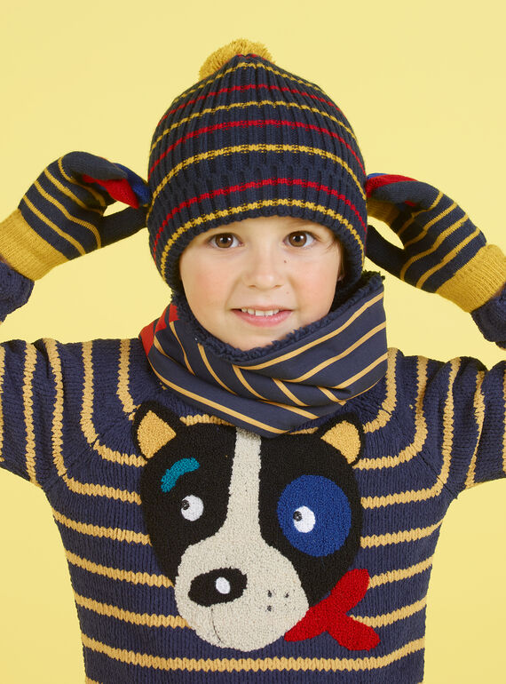 Gorro azul noite, amarelo e vermelho às riscas e pompom menino MYOGROBON2 / 21WI0254BON705