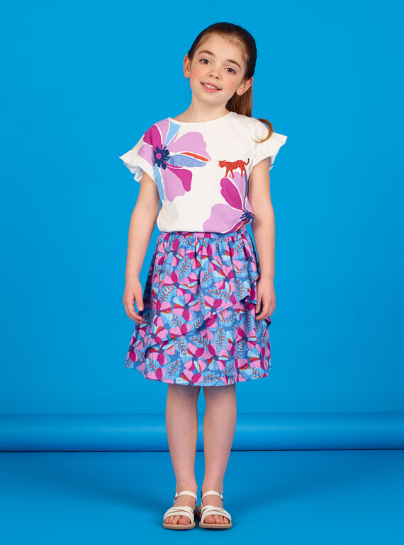 Saia azul lavanda e rosa com estampado florido e riscas Lurex® em algodão LABLEJUP1 / 21S901J1JUPC208