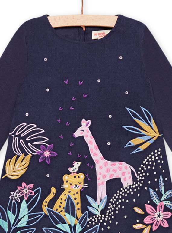 Vestido azul-marinho em veludo com padrão de savana bordado bebé menina MIPLAROB1 / 21WG09O3ROBC202