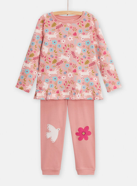 Pijama rosa com estampado de coelhos, flores e pássaro menina TEFAPYJRAB / 24SH1149PYJD319