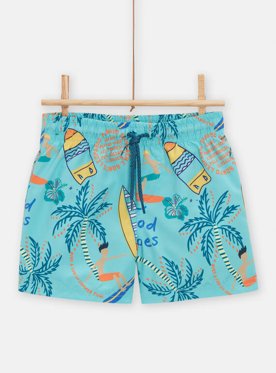 Calções de banho turquesa com estampado de palmeiras e surf menino TYOMERBOXSURF / 24SI02G4MAI202