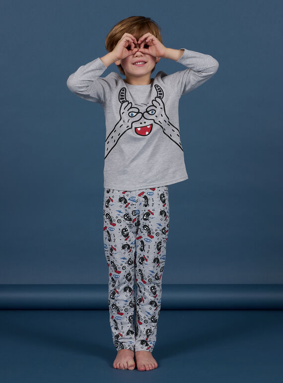 Conjunto pijama t-shirt e calças cinzento mesclado com padrão monstro com detalhes fosforescentes menino NEGOPYJMON / 22SH12G4PYJJ922