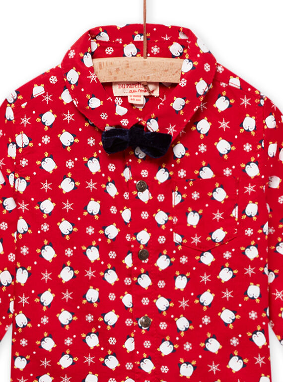 Camisa oxford vermelho com estampado de pinguim, flocos e laço bebé menino MUNOCHEM / 21WG10Q2CHM050