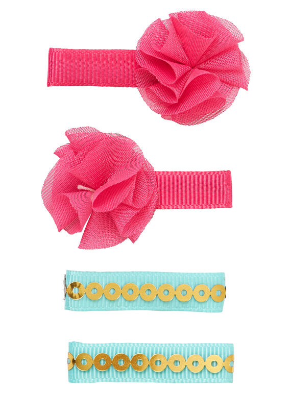 Conjunto de 4 clipes - 2 rosas (com flores T/T) e 2 turquesas com sequins OURO JYAWECLIC1 / 20SI0191BRT955