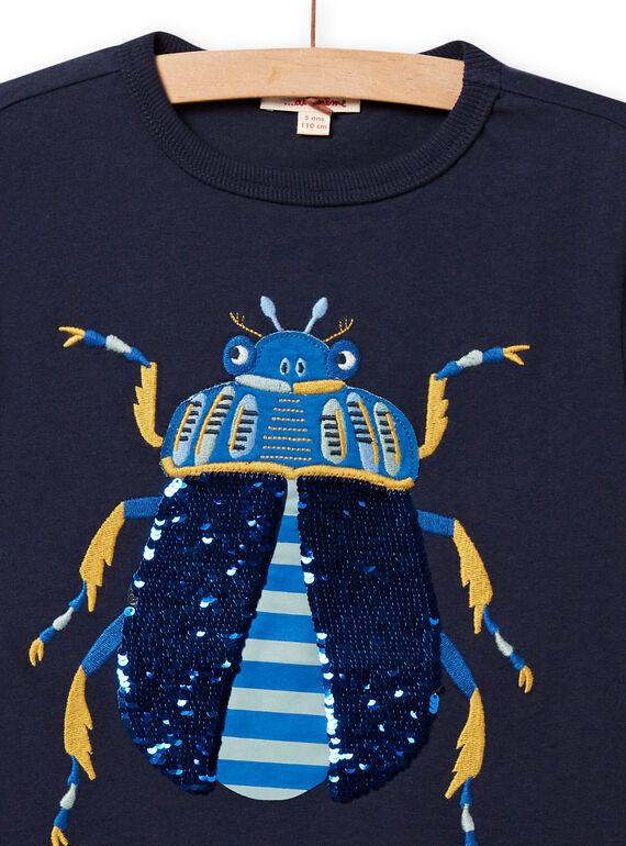 T-shirt azul-noite com padrão escaravelho em lantejoulas reversíveis menino NOSANTI5 / 22S902S3TMC705