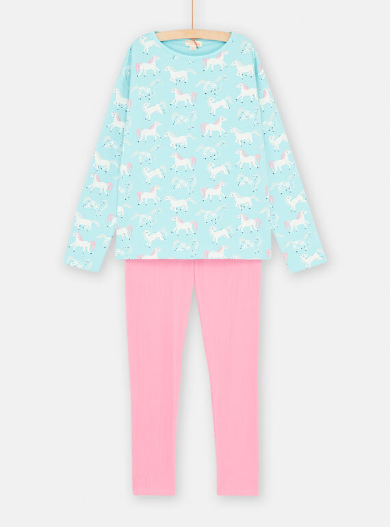 Pijama azul-oceano e rosa com estampado de unicórnio para criança SEFAPYJPAN / 23WH1144PYJC244