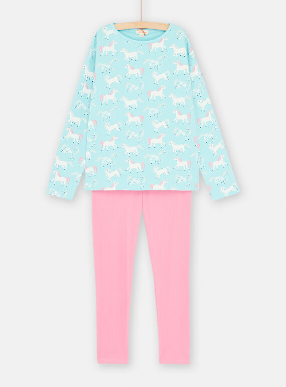 Pijama azul-oceano e rosa com estampado de unicórnio para criança SEFAPYJPAN / 23WH1144PYJC244
