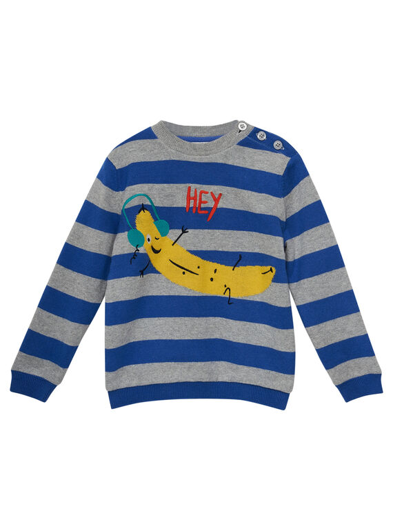 Camisola às riscas menino forro polar cinzento mesclado e azul JOVIPUL / 20S902D1PUL703